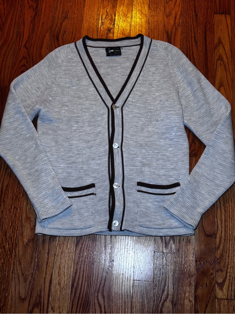 Light Gray V-Neck Button Cardigan with Contrast Trim